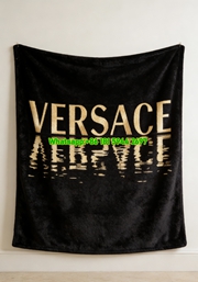 Versace Black Gold Reflective Logo Print Flannel Sofa Throw Blanket IMG_1448